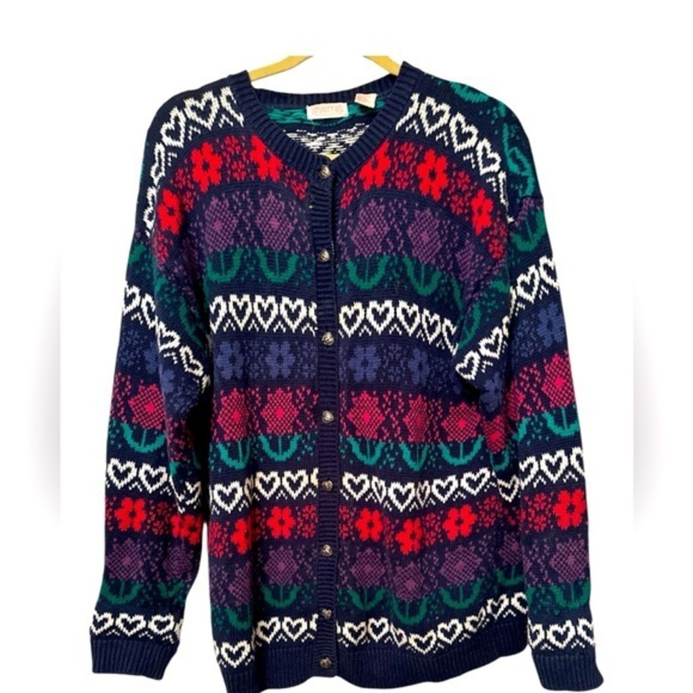 Vintage ASHLEY  Hand knit Retro cardigan Sz L
 Hearts and Flowers  cottagecore